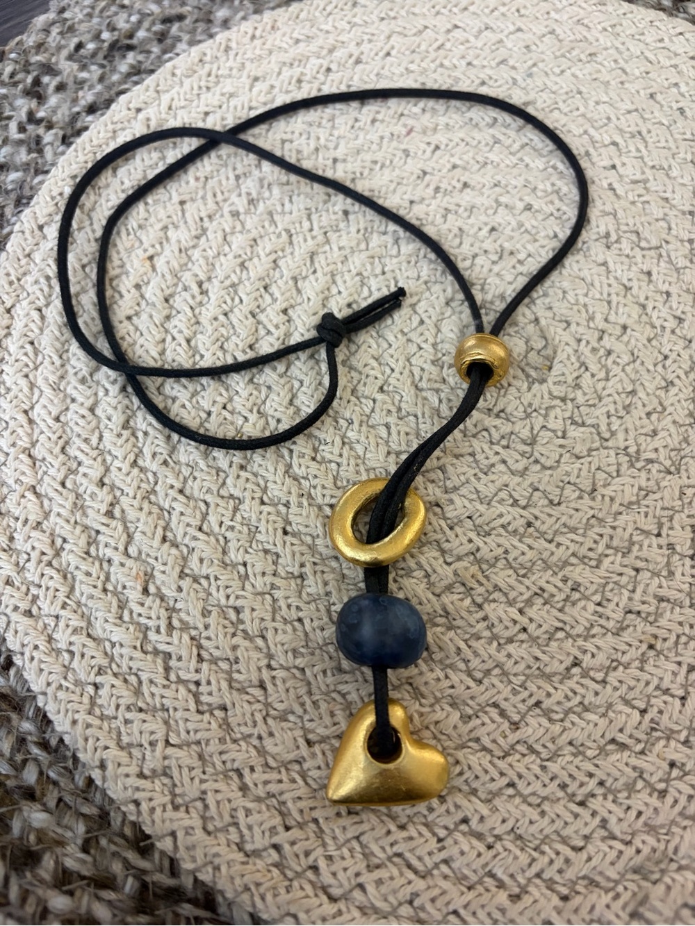 Gold Heart & Blue Bead Pendant Necklace on Black Cord